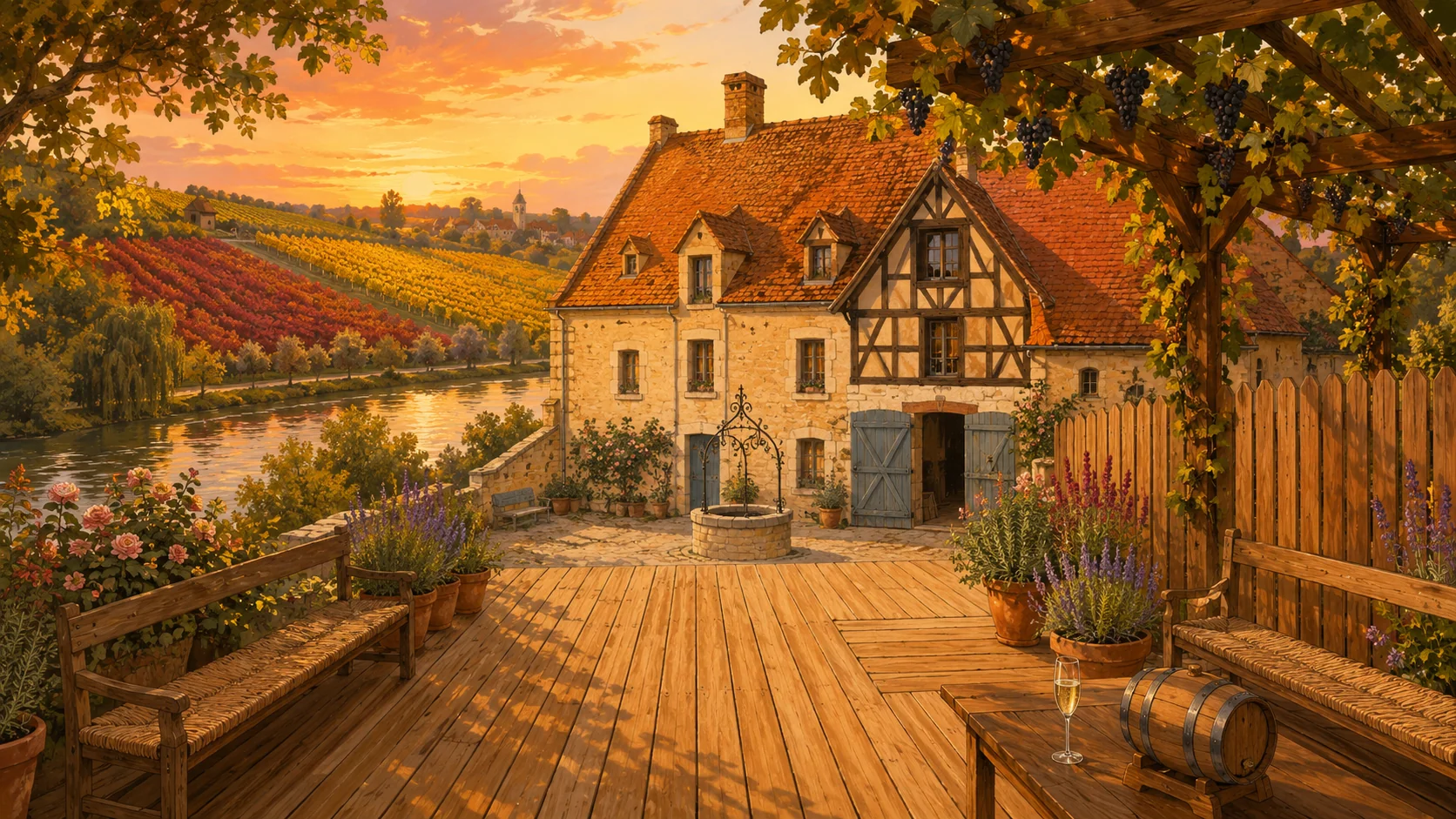 Illustration paysagère du dépôt avec terrasse en bois et clôture
